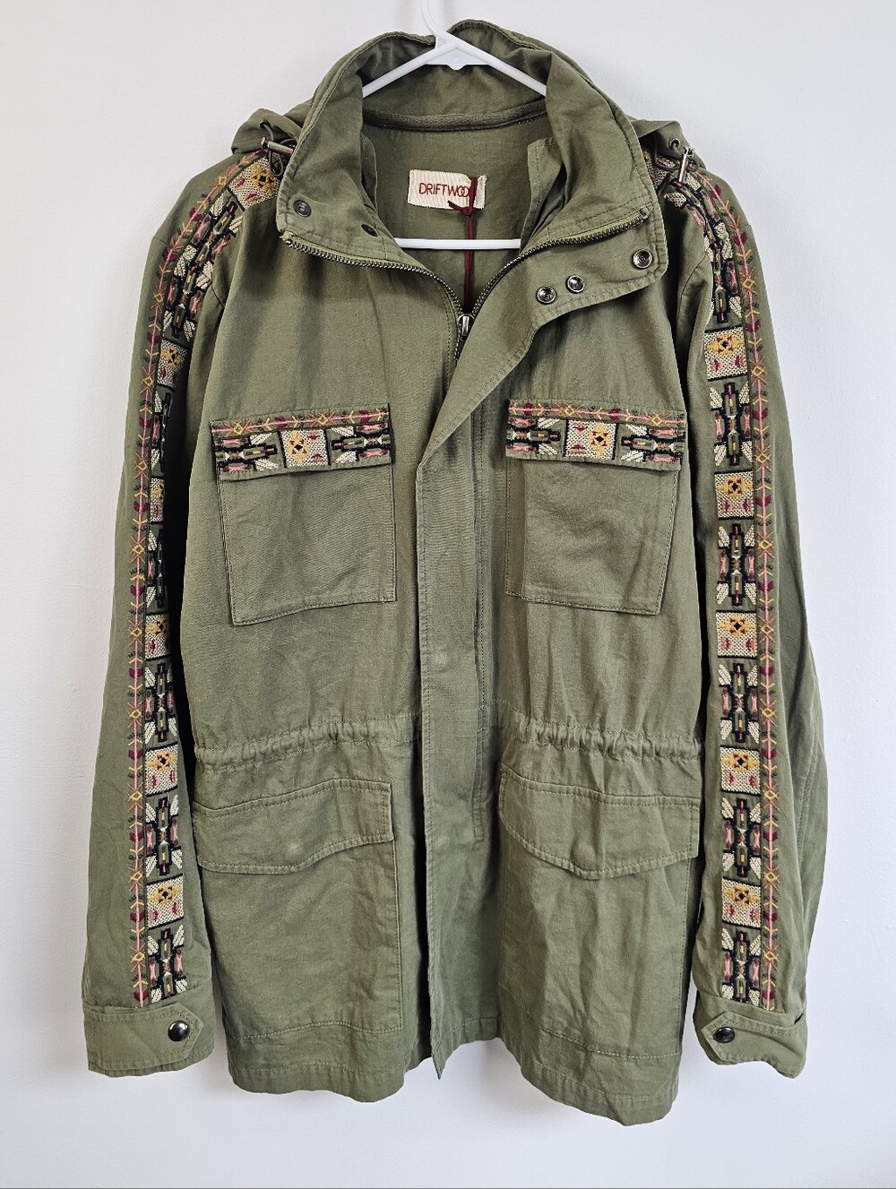 Driftwood Embroidered Military Style Utility Jacket Bohemian Hooded Olive Zip Up